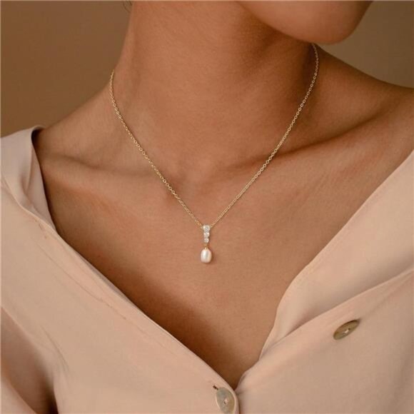 14K Gold Plated Dainty Pearl Choker | Adjustable 16.9” Minimalist Necklace - Picture 4 of 5